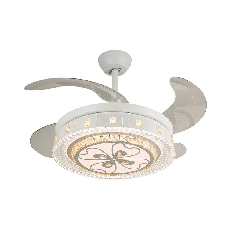 19" Wide White Layered Ceiling Fan Light Modernist LED Crystal Semi Flush Mount, 4 Blades