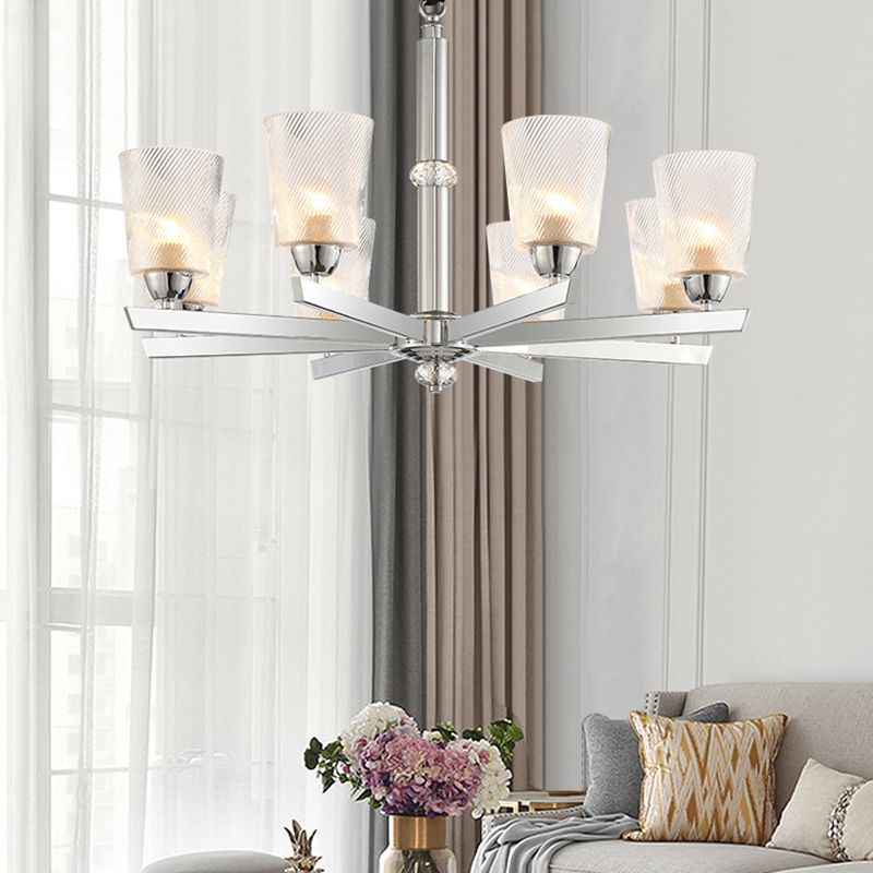 Cup Up Chandelier Pendant Modern Ribbed Glass 6 Lights Living Room Ceiling Lamp Kit in Chrome