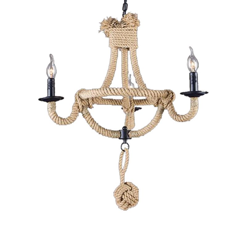 Candle Rope Light Chandelier Rustic Style 3/6 Lights Dining Room Pendant Lighting in Beige