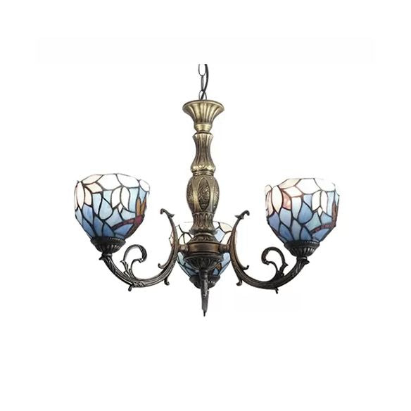 Tiffany Style Chandelier Living Room Lamp, 3 Lights Art Glass Pendant Lighting in Aged Brass with Bell Shade