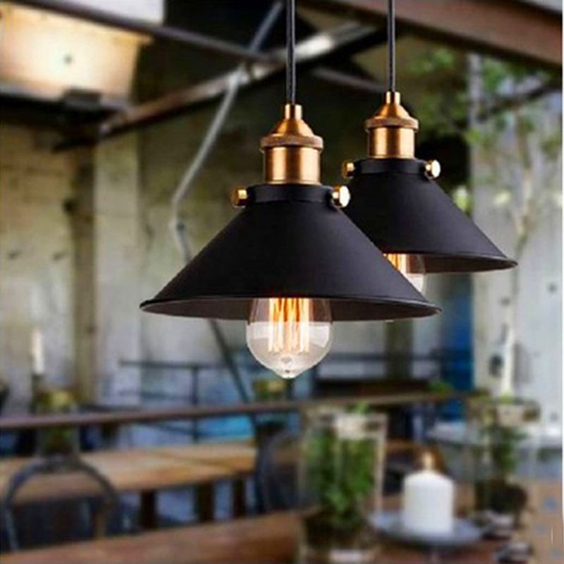 Black 1 Light Pendant Light Industrial Retro Tapered Shade Metal Hanging Lamp  for Dining Room