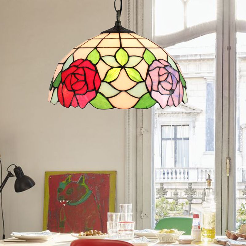 1 Head Bowl Pendant Lamp Baroque Black Stained Glass Suspended Light Fixture with Red/Pink Rose Pattern