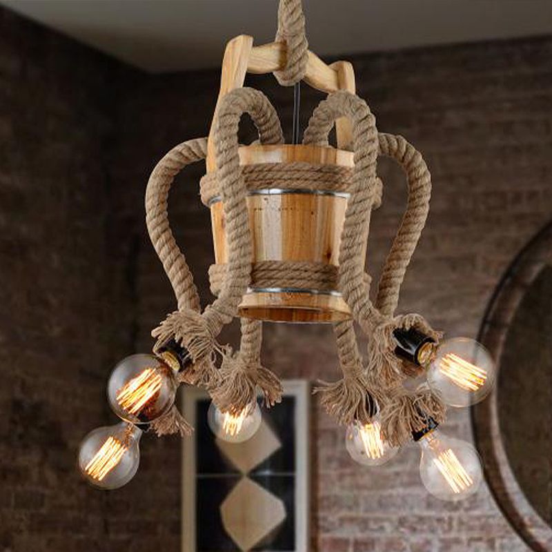 Curved Arm Dining Room Chandelier Lamp Farmhouse Rope 6 Lights Wood Ceiling Light Fixture