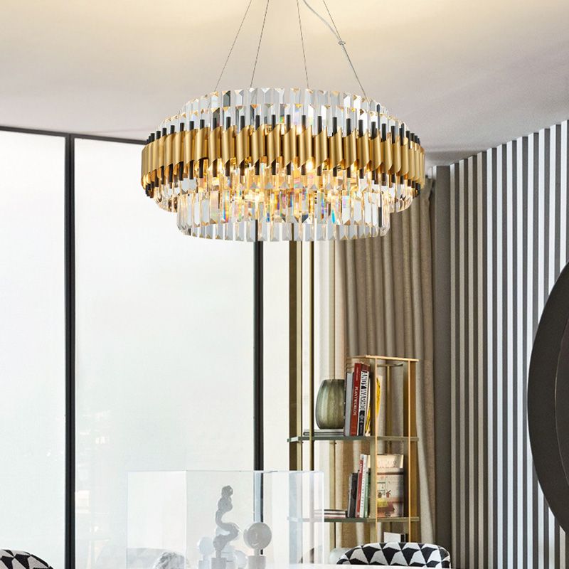 Postmodern 12 Heads Ceiling Pendant Light Gold Drum Chandelier Lamp with Three Sided Crystal Rod Shade