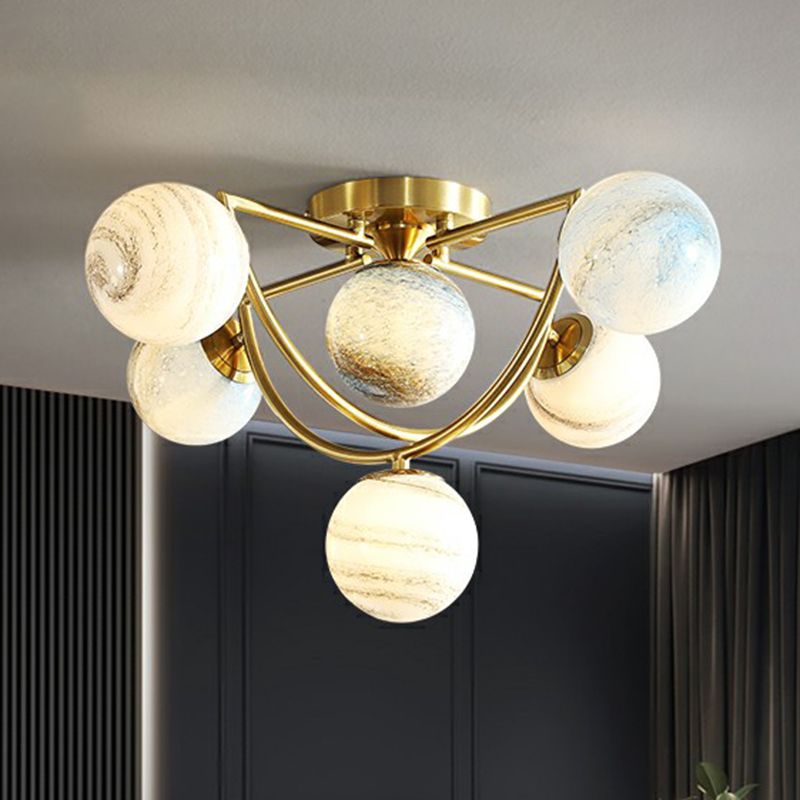 Cosmos Planet Ceiling Lamp Nordic Ombre Glass Bedroom Semi Flush Mount Chandelier in Gold