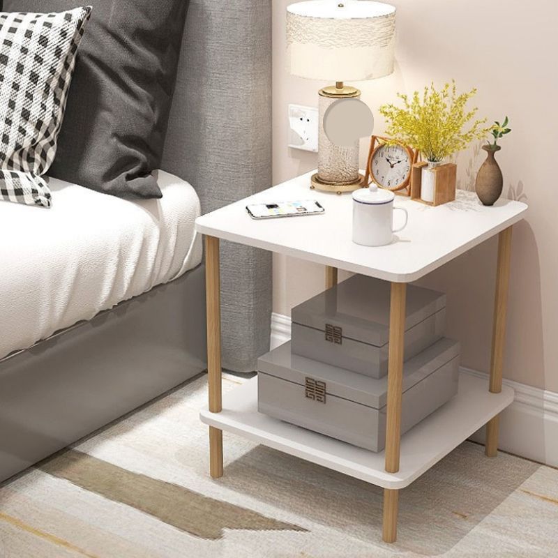 White Wood Contemporary Nightstand Open Storage Night Table with 2 Shelves