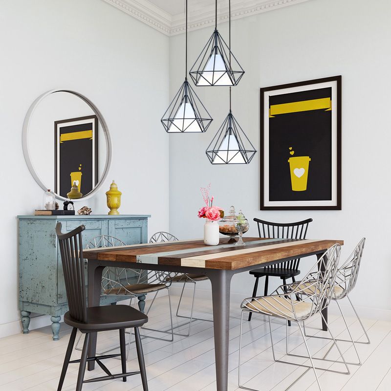 1 Light Diamond Cage Ceiling Light Industrial Metal Hanging Pendant Lights for Coffee Shop