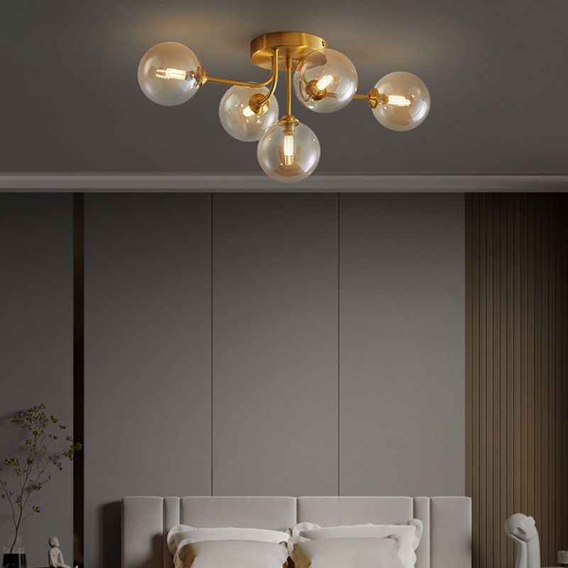 Nordic Style Copper Ceiling Light Ball Shape Ceiling Lamp with Glass Shade for Bedroom