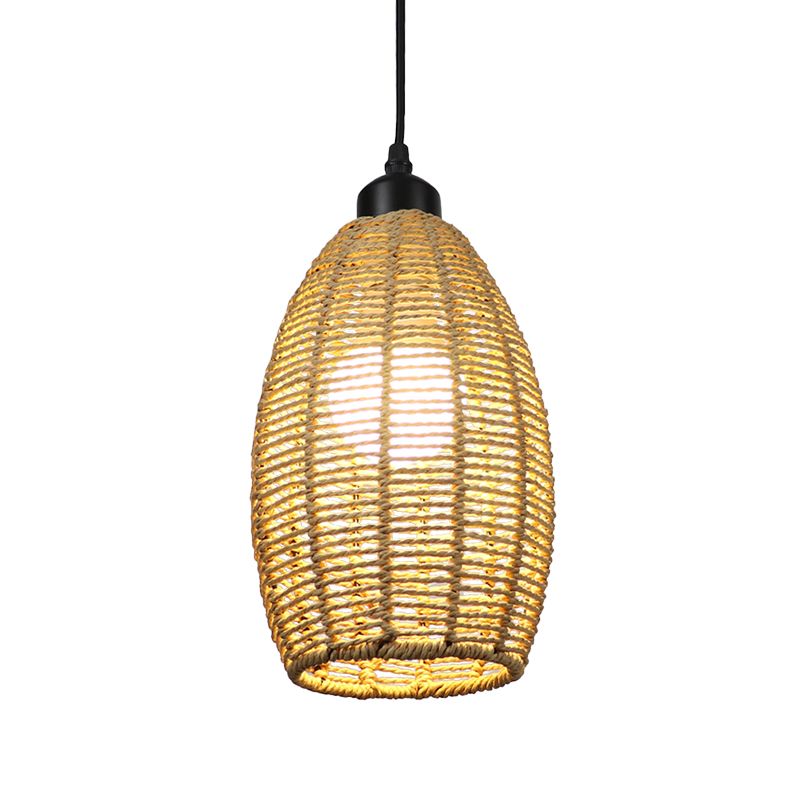 1/3-Light Restaurant Hanging Pendant Light with Oval Rattan Shade Asian Style Beige Ceiling Lamp, Round/Linear Canopy