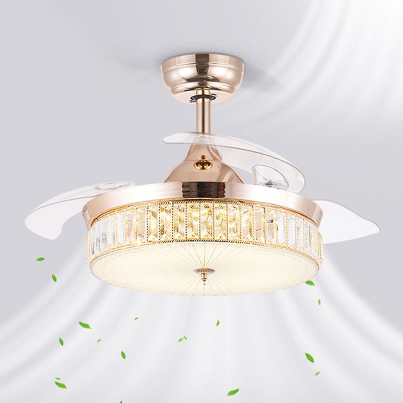 Chrome / Gold LED Crystal Ceiling Fan Fixture Minimalist Drum Fna Lighting Ceiling