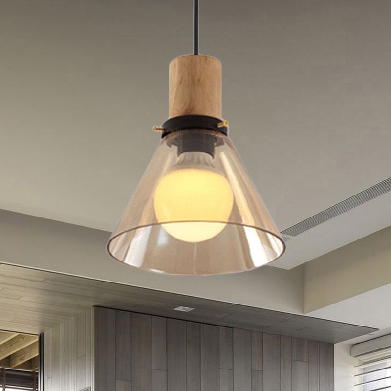 1 Light Pendant Lighting Modern Cone Amber Glass Hanging Ceiling Light with Wooden Cap