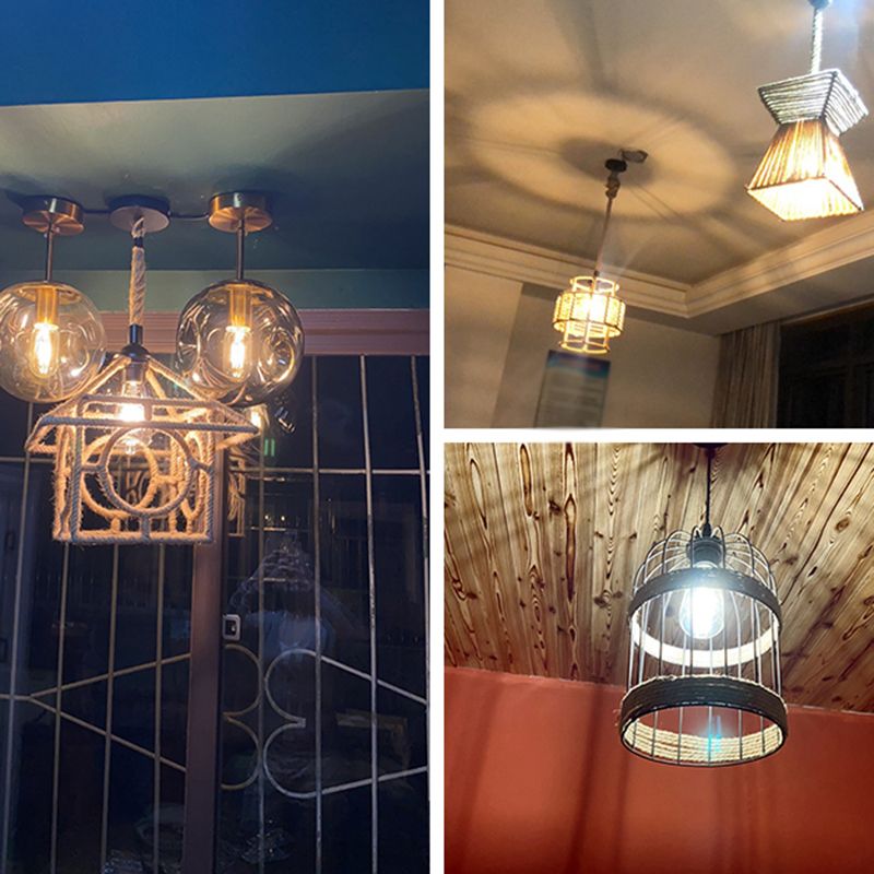 Hennep touw gekooide hangend licht rustiek 1 lamp restaurant hanglamp in bruin