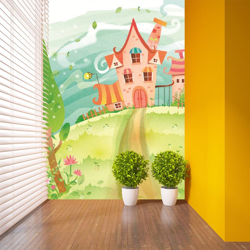 A Path to Castle Murals Pink-Blue-Green Cartoon Style Wall Art for Childrens Bedroom