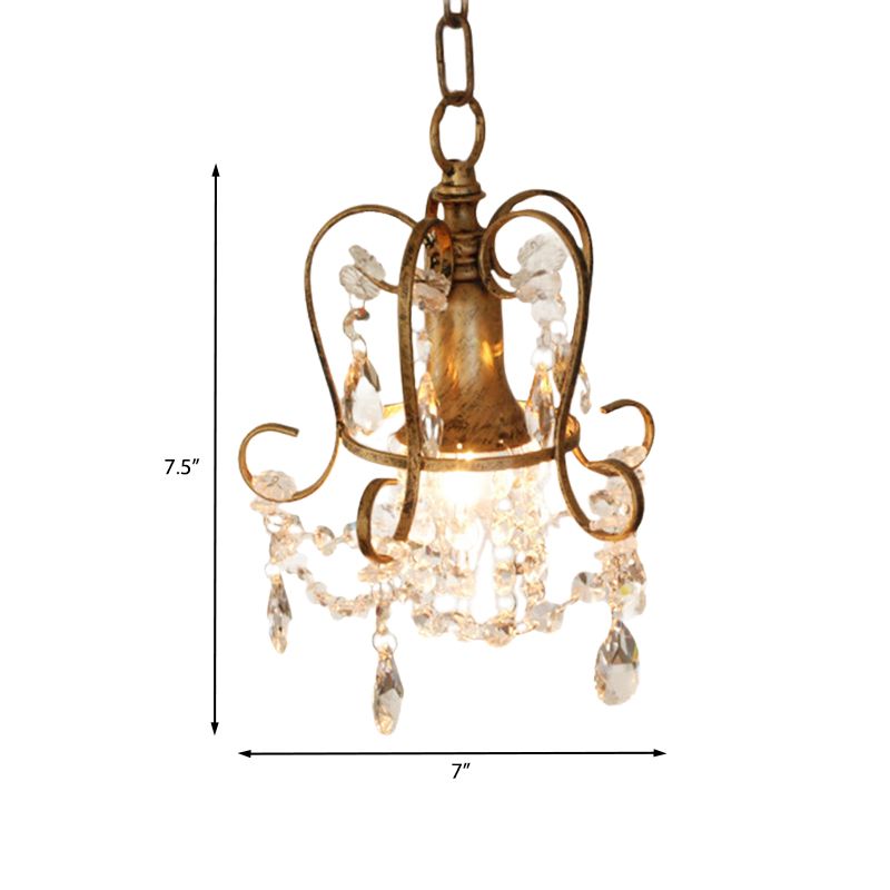 Traditional Scrolled Frame Suspension Light 1 Head Metallic Hanging Lamp Kit in Antique Brass with Crystal Droplet