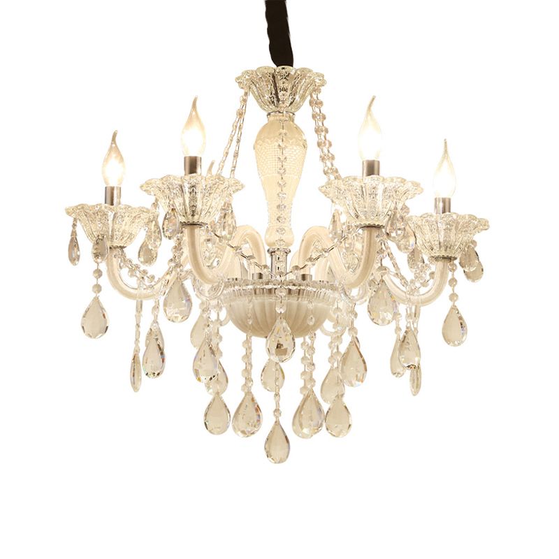 Chandelier suspendu moderne Verre en cristal transparent 6 bulbes salon plafond pendentif Light en blanc