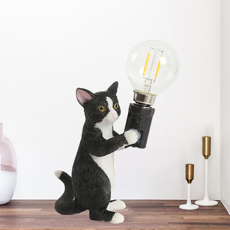 Tabby Cat Holder Table Lamp Kids Iron 1 Bulb Black/Yellow/Blue Nightstand Light with Bare Bulb Design