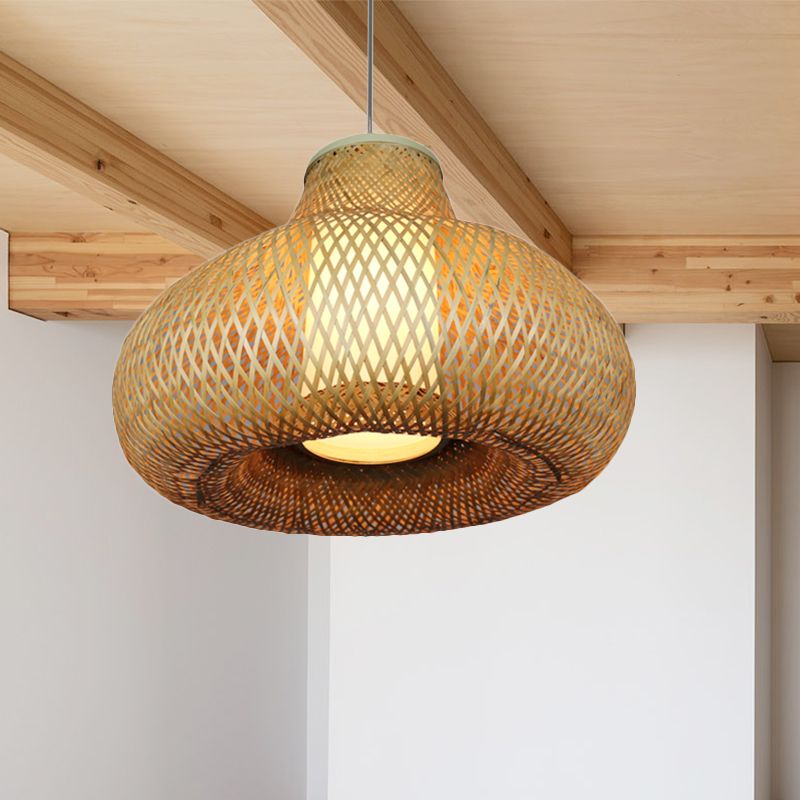 Gourd Shape Bamboo Pendant Light Chinese 1-Light Beige Hanging Light for Restaurant Hotel