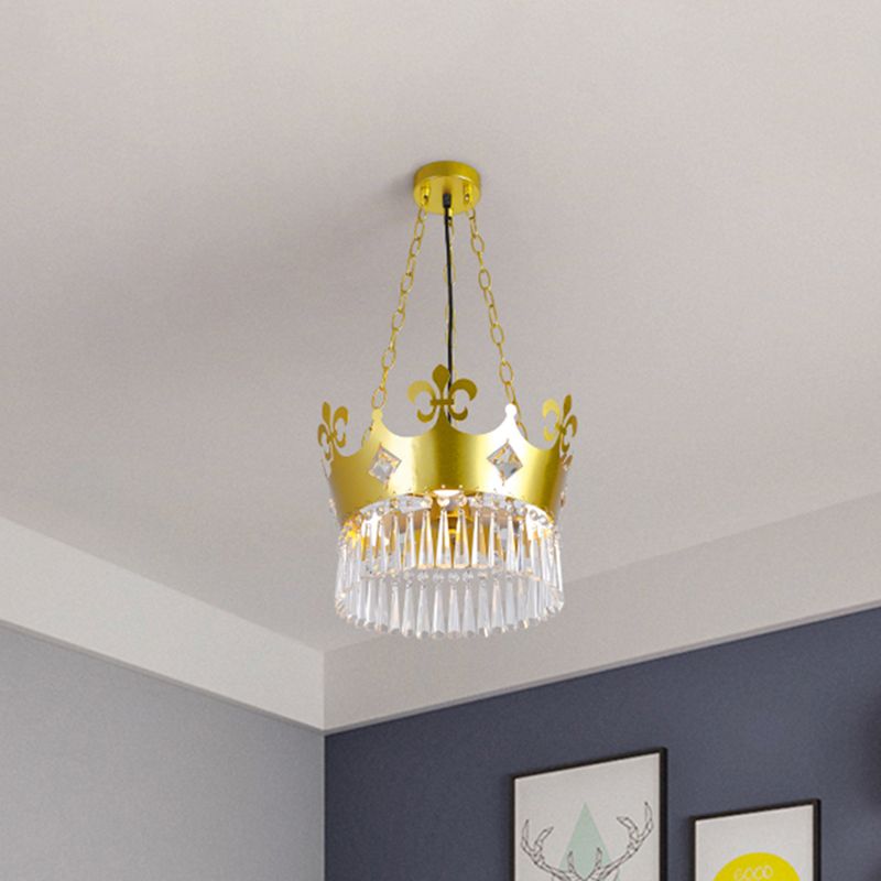 Golden Crown Shade Chandelier Light Fixture Contemporary Crystal 4 Bulbs Hanging Light in Gold