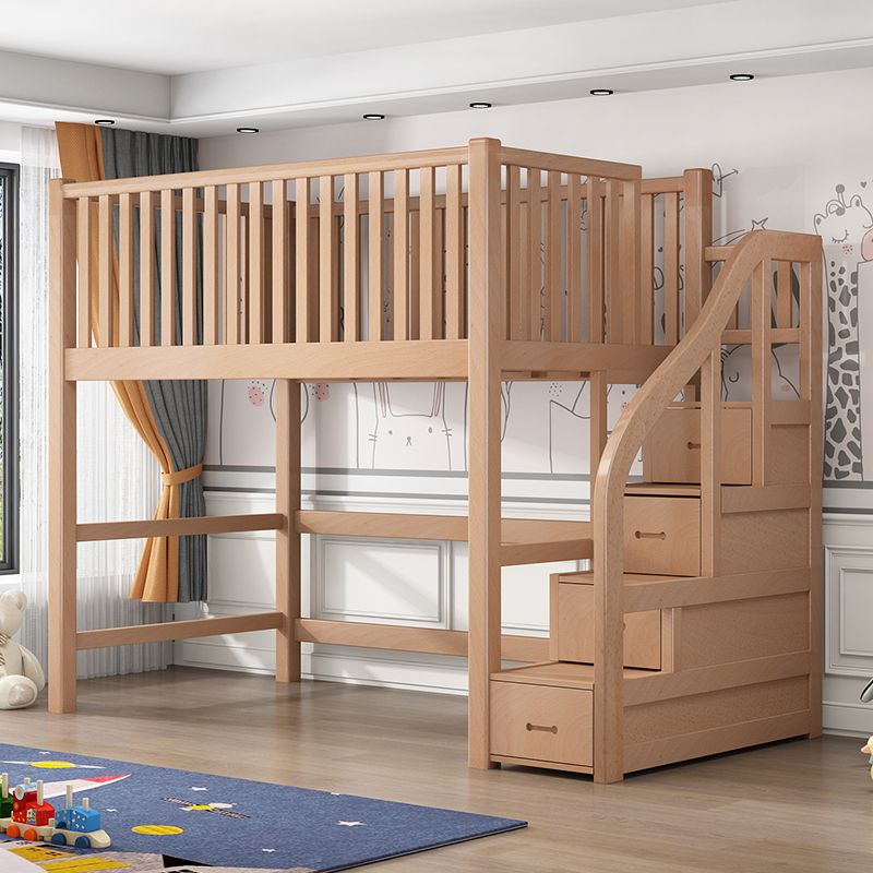 Contemporary Solid Wood High Loft Bed Beech Wood Natural Loft Bed with Guardrails