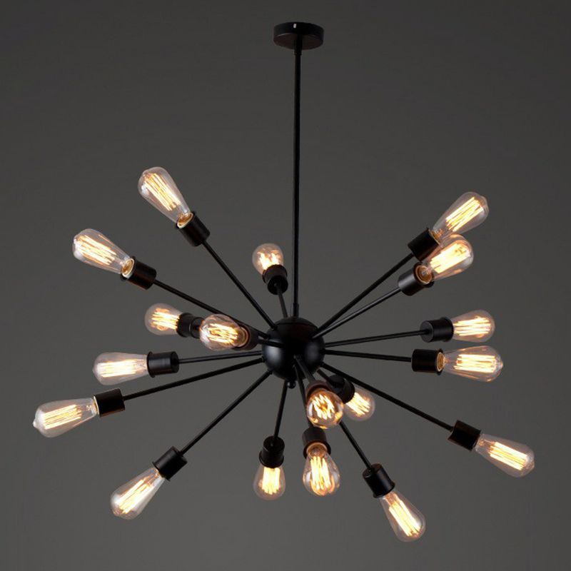 Iron Black Finish Pendant Chandelier Sunburst 18 Heads Industrial Suspension Light for Dining Room