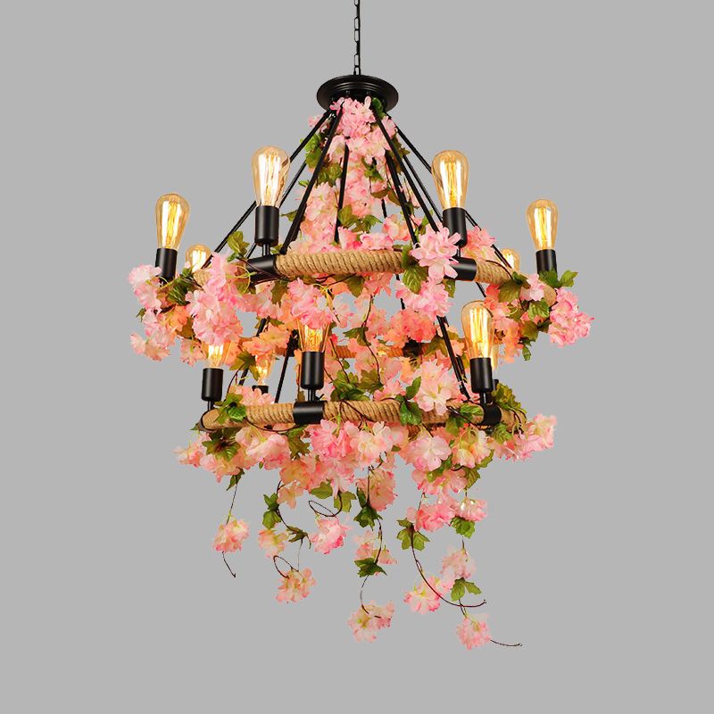 Pink 2 Tiers Chandelier Pendant Light Industrial Metal 14 Heads Restaurant la lampe suspendue avec des cerisiers en fleur de cerisier