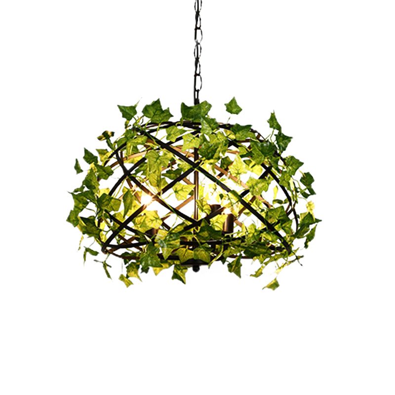 Metal Bird Nest Hanging Light Rustic 4 Bulbs Restaurant Pendant Light with Ivy Decor in Green