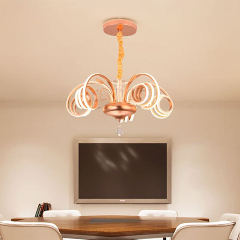 Curved Living Room Chandelier Acrylic Led Modernist Hanging Lamp in Rose Gold, White Light