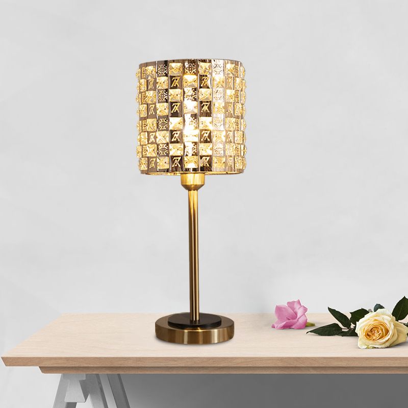 Minimalist Cylindrical Night Table Lighting Inserted Crystal 1 Bulb Bedroom Nightstand Lamp in Brass