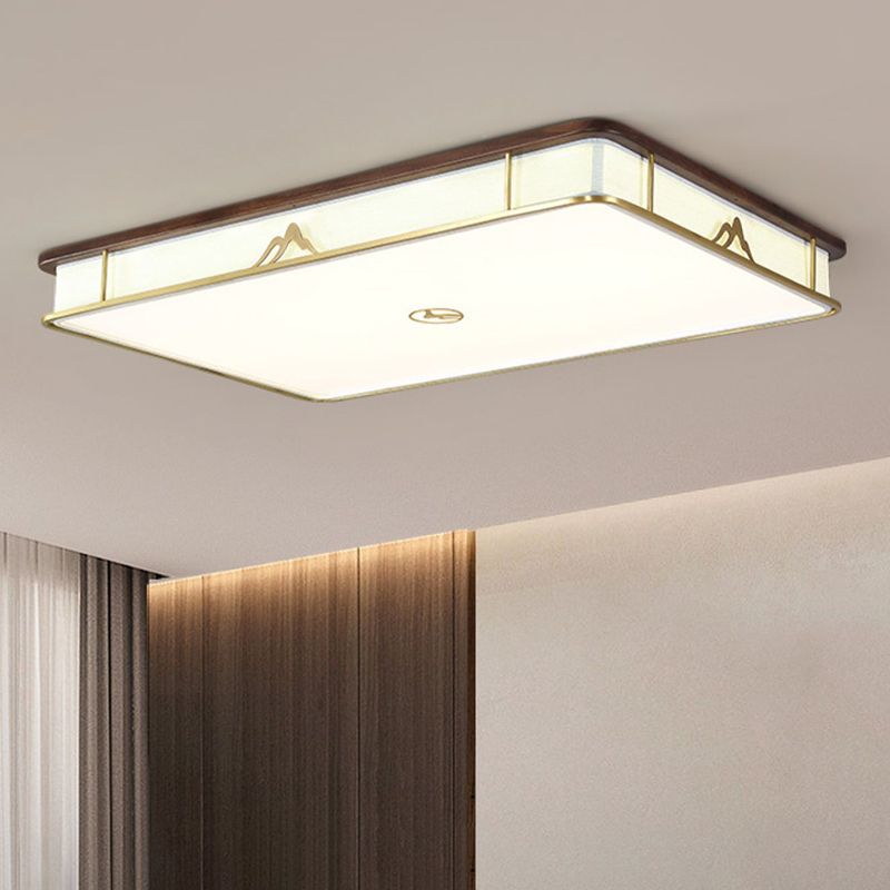 Modern Wood Flush Mount Geometric Shape Ceiling Light with Fabric Shade for Living Room