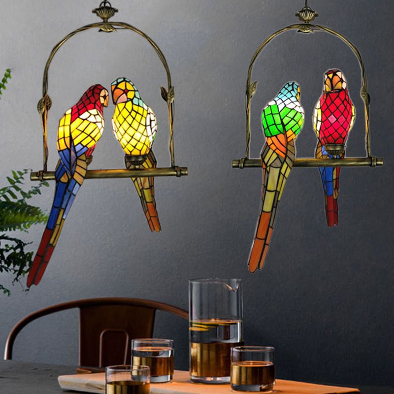 Multicolored Stained Glass Birds Chandelier Pendant Light Tiffany Style Suspension Lighting