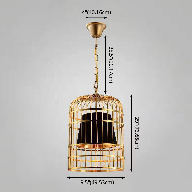 Gold Plated Birdcage Hanging Lamp Country Metal 1 Bulb Restaurant Ceiling Light with Cone Shade