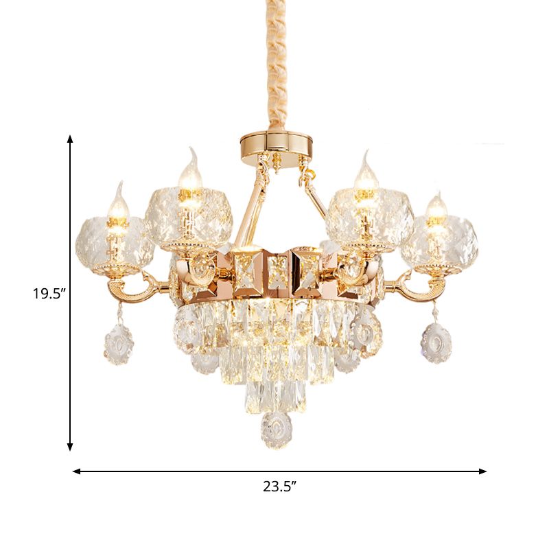 6/8 Bulbs Bowl Shade Drop Pendant Contemporary Clear Crystal Chandelier Lamp in Gold with Candle Design