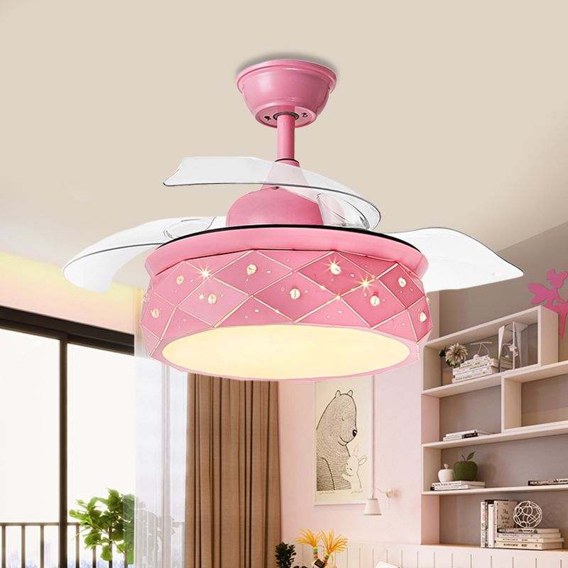 3 lames tambour métallique Éclairage de ventilateur suspendu modernisme 42 "W LED LED à chasse d'eau en rose / bleu avec de la teinte acrylique, télécommande / mur et télécommande