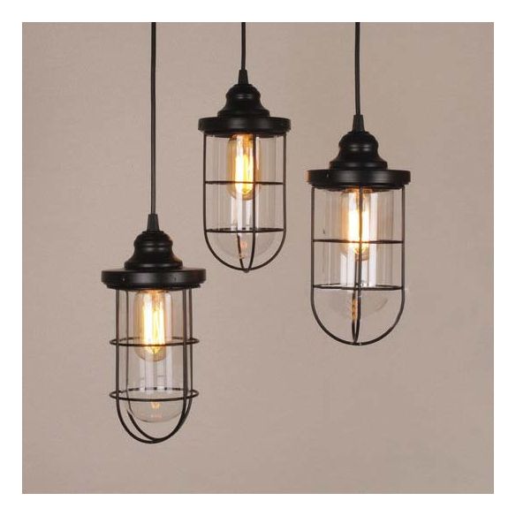 2/3 Bulbs Caged Multiple Lamp Pendant Industrial Black Clear Glass Hanging Light Kit, Linear/Round Canopy