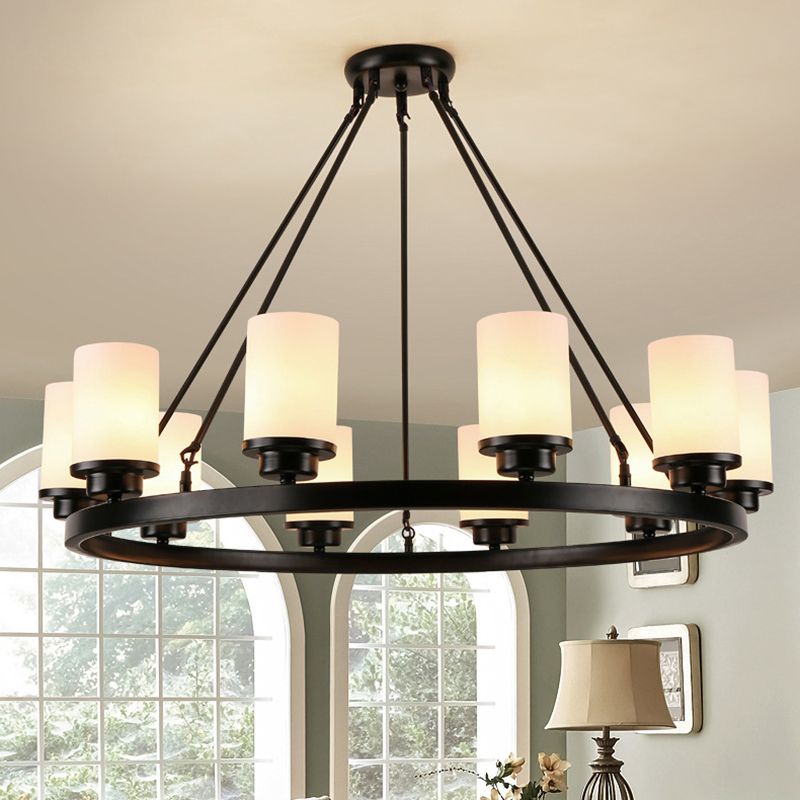 Black Wrought Iron Round Large Chandelier White Glass Cylindrical Shade Traditional Style Lighting Fixture for Dining Room