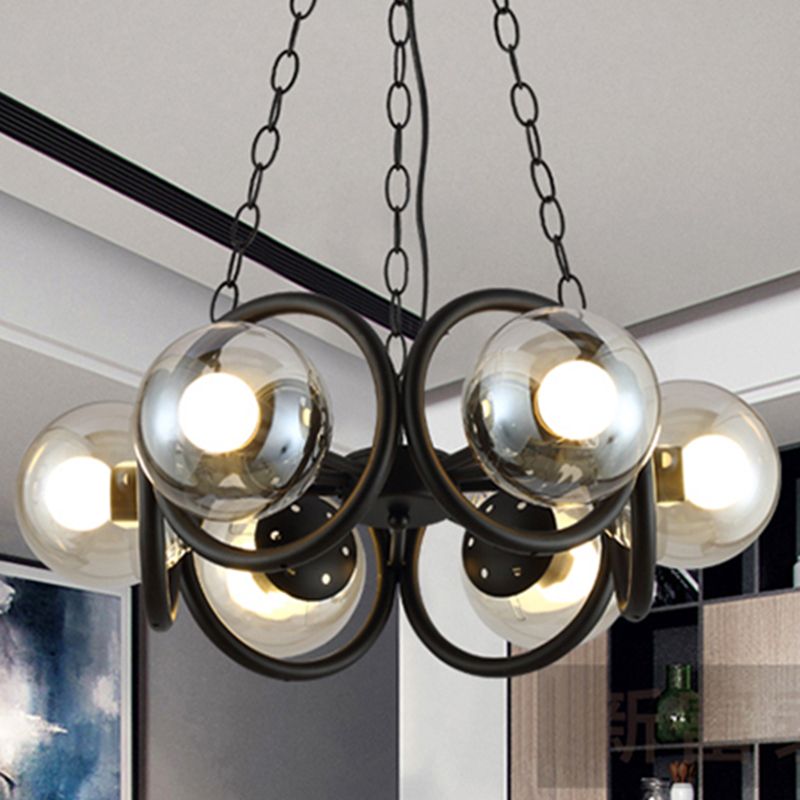 Black Ring Chandelier Lamp Industrial Clear Glass 6-Light Living Room Hanging Light with Globe Shade