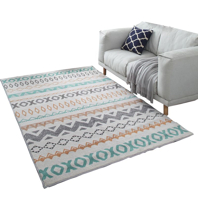 White Tone Living Room Carpet Retro Tribal Pattern Area Rug Polyester with Non-Slip Backing Rug