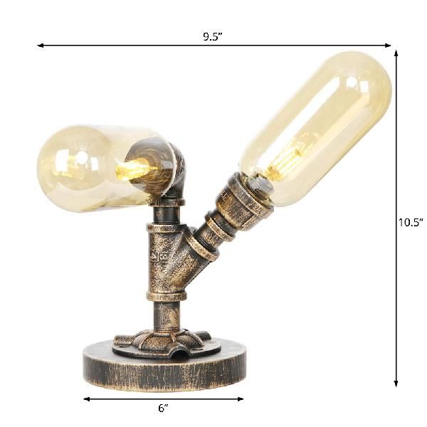 Industrial Oval Shade Desk Light 2-Bulb Clear/Amber Glass Table Lamp in Aged Bronze for Living Room