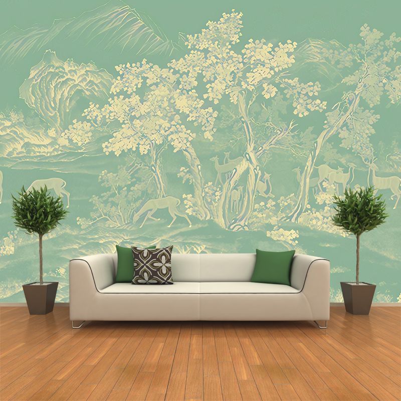 Chinese Forest Landscape Wallpaper Mural Lake Green Moisture Resistant Wall Art for Bedroom