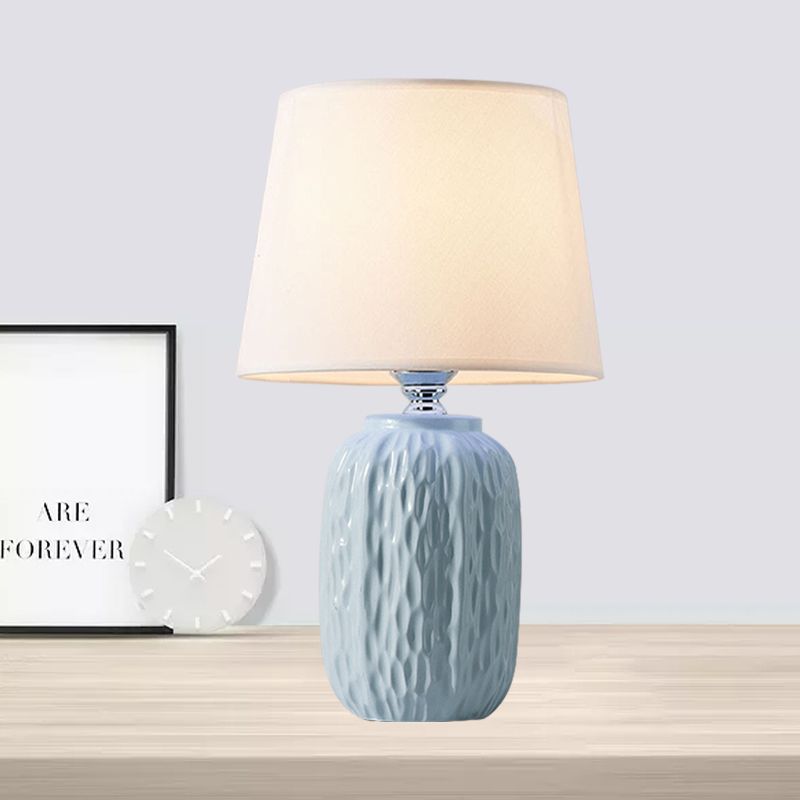 Single Hammered Ceramic Night Lamp Modern Pink/Blue/Yellow Oval Table Lighting with Tapered Lampshade