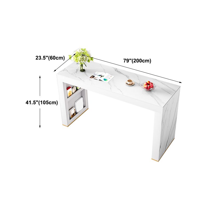 Glam White Wood Bar Dining Table with White Stone Top Rectangle Indoor Bistro Table