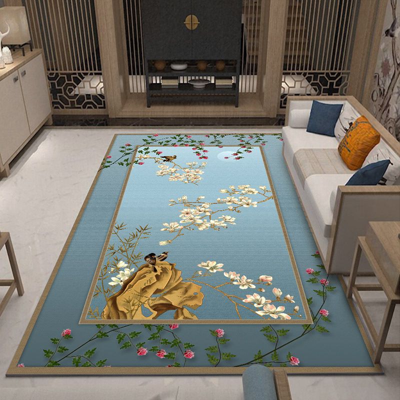 Oriental Blossom Area Rug Multi Colored Polyester Carpet Stain Resistant Non-Slip Machine Washable Rug for Living Room