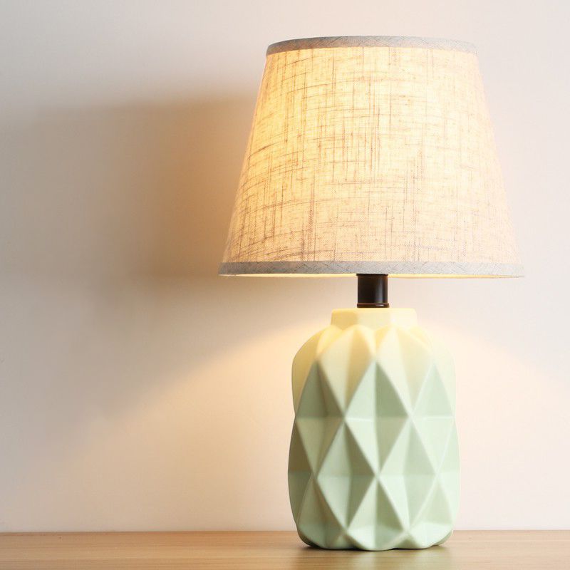 Grey Flare Desk Light Modernist 1 Bulb Fabric Night Table Lamp, Urn Green Ceramic Base