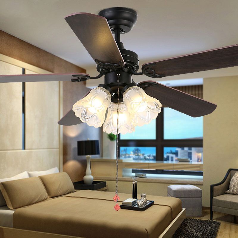 5 Blades Bell Frost Glass Semi Flush Mount Rustic 31.5" W 3 Heads Bedroom Pull Chain Ceiling Fan Light Fixture in Black