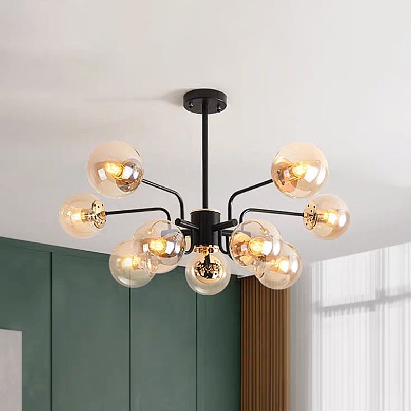 Sphere Living Room Chandelier Amber Glass 10 Bulbs Contemporary Pendant Ceiling Light in Black