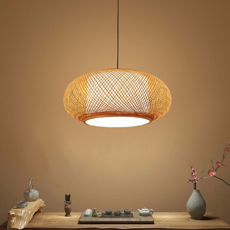 Tambour beige vers le bas pendentif bambou chinois suspendu plafond plafond avec 1 lumière