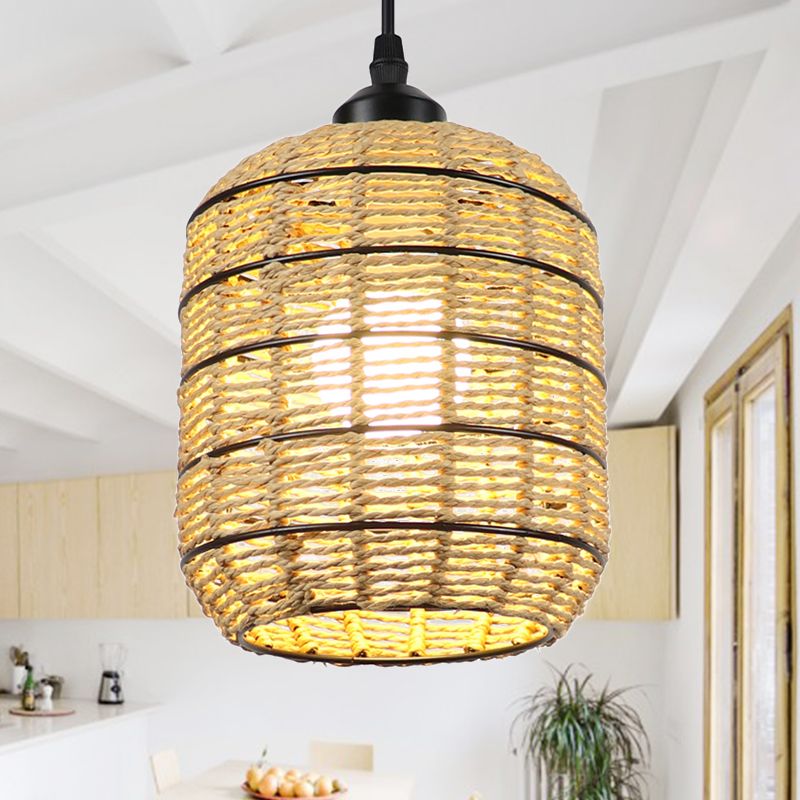 Lantern Suspension Pendant Asian Woven Rattan Single Light Beige Pendant Lamp for Bedroom