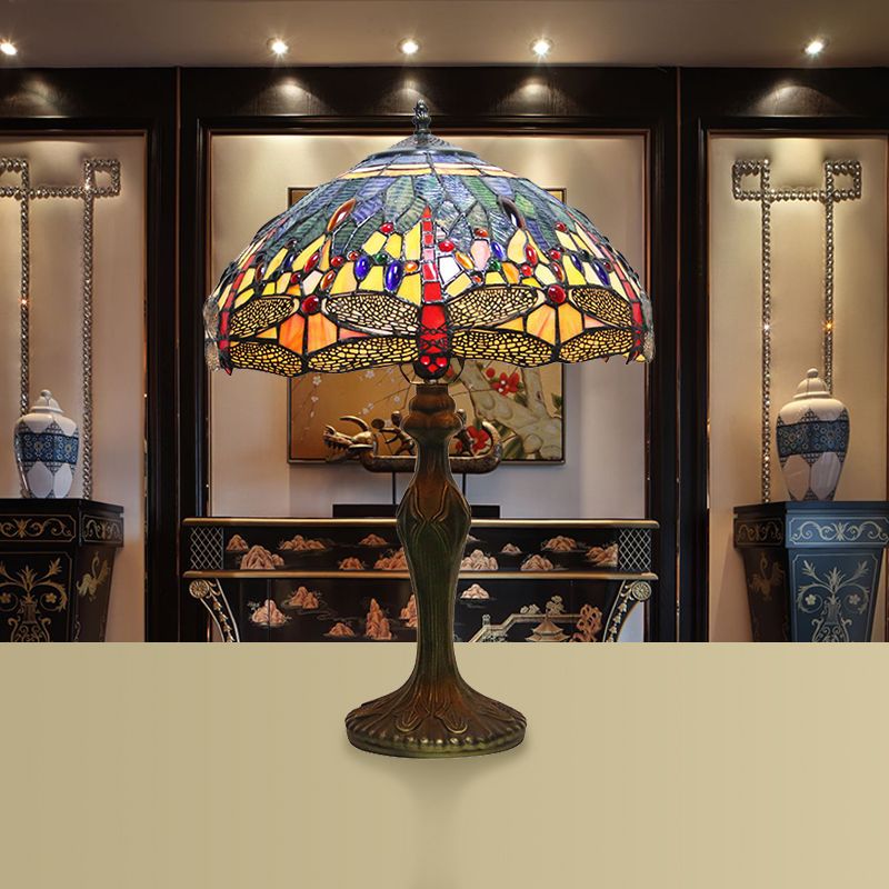 Dragonfly Table Lamp Retro Stained Glass 1-Light Accent Lamp in Antique Bronze Finish for Study