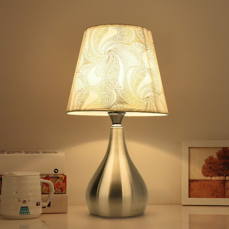 Tapered Table Light Modern Fabric Single Nickel Nightstand Lamp with Cloud/Geometric/Flower Pattern