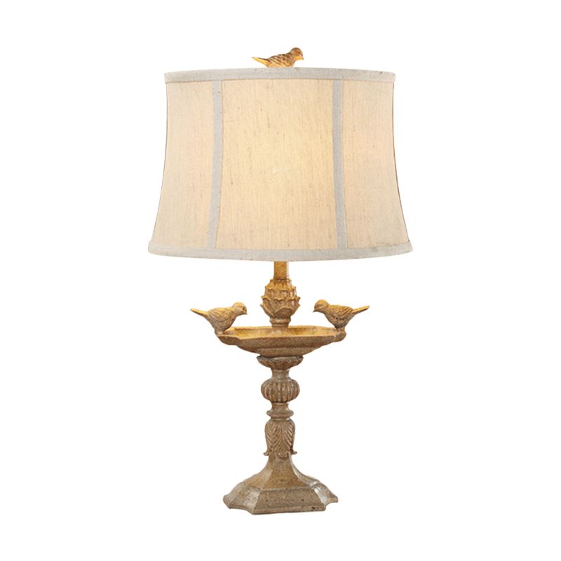 Resin Bird Base Desk Light Countryside 1 Head Study Room Night Table Lamp in Light Brown with Fabric Shade